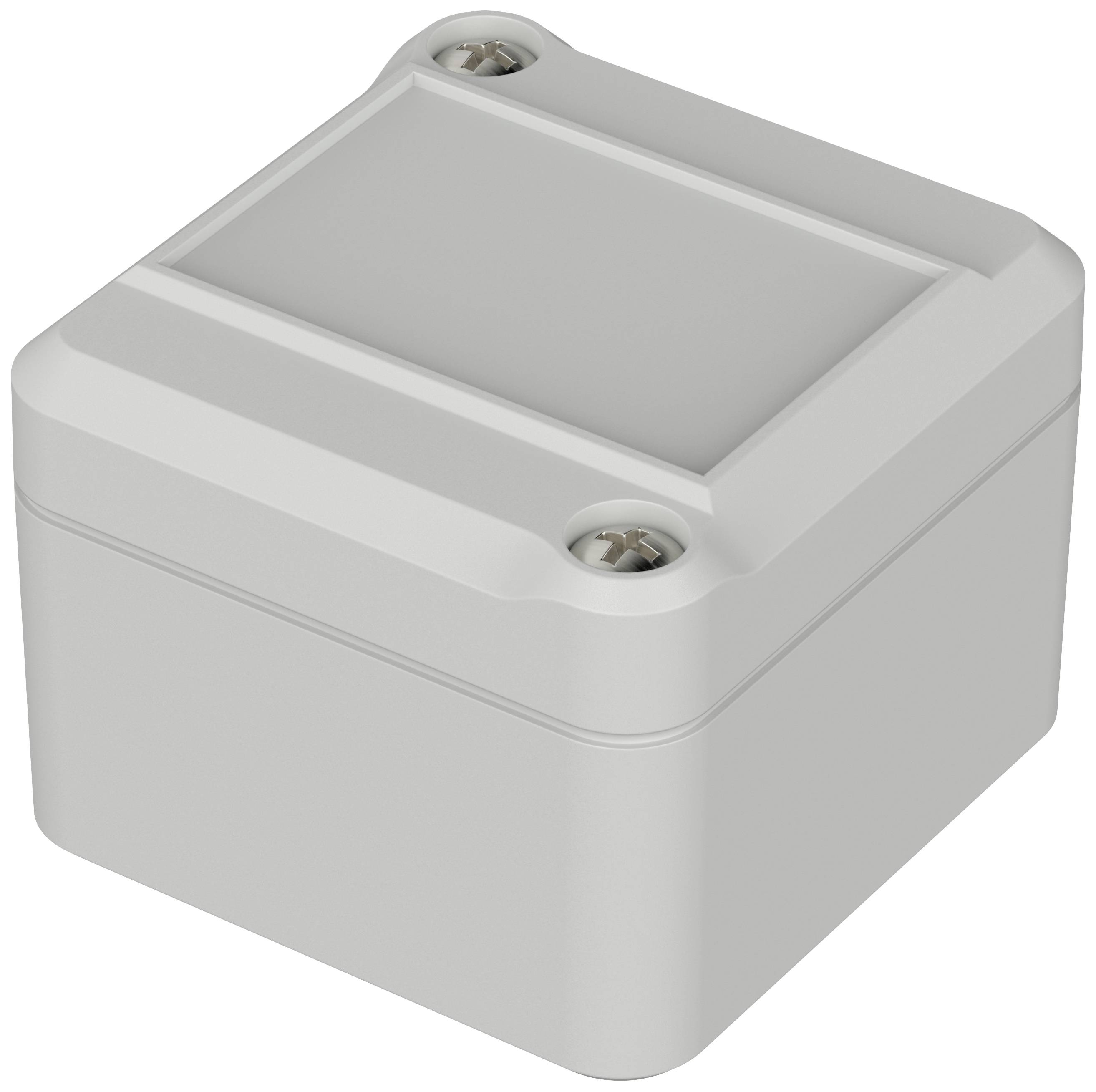 Boîtier en plastique gris, carré, avec des angles arrondis et deux vis pour fixer le couvercle.