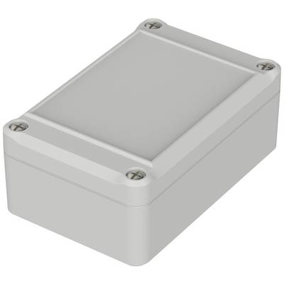 Un boîtier rectangulaire gris aux angles arrondis, muni de vis aux coins, conçu pour protéger des composants électroniques.