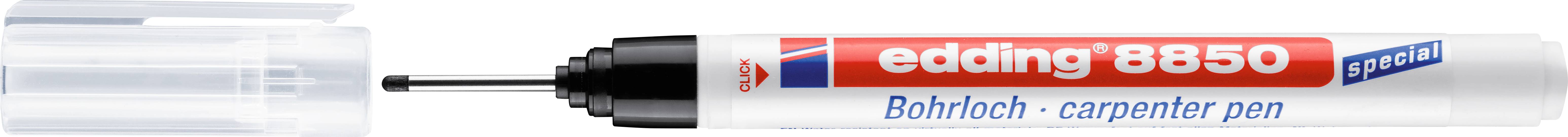 Un stylo blanc avec l'inscription rouge 'edding 8850 Bohrrloch - crayon de charpentier', pointe fine, capuchon transparent, pour un marquage précis.