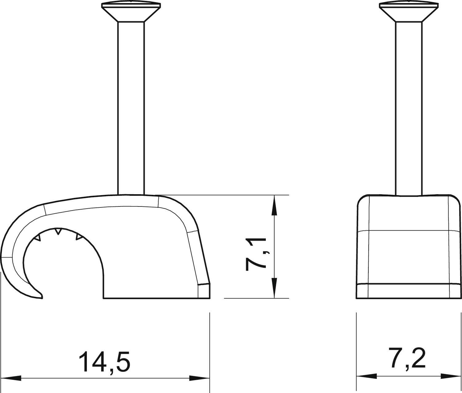 Dessin technique de deux crochets avec dimensions : à gauche 14,5 cm x 7,1 cm, à droite 7,2 cm x 7,1 cm ; les deux ont des tiges longues.