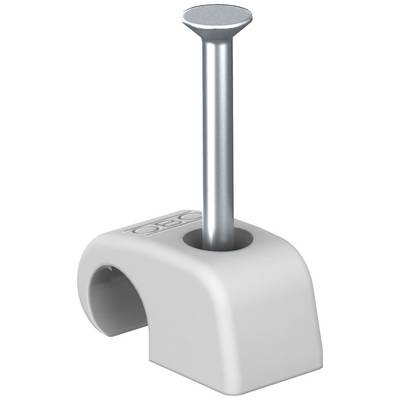 Un support de câble en plastique blanc avec un long clou argenté pour fixer des câbles aux murs ou à d'autres surfaces.