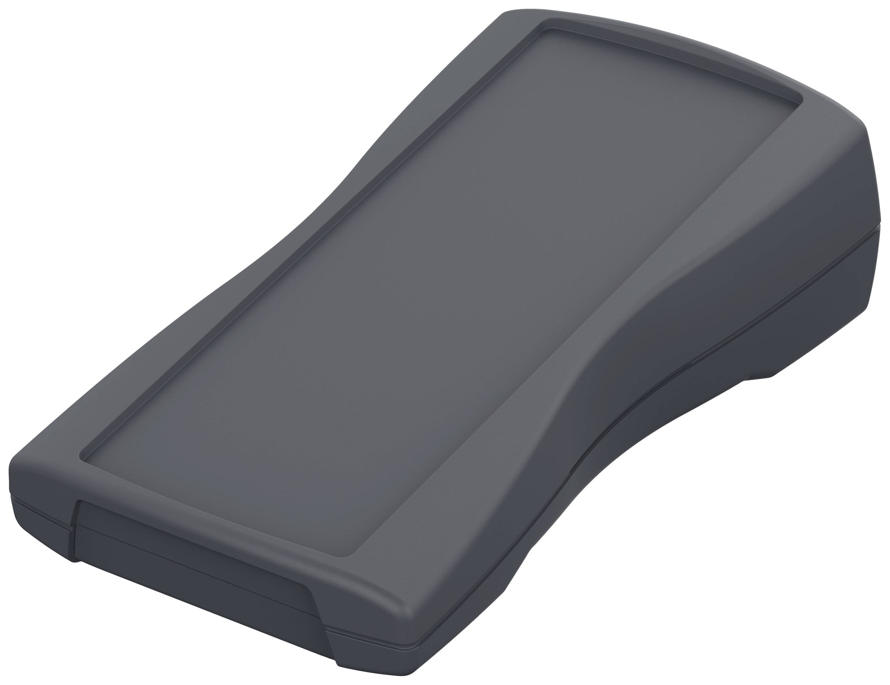 Un appareil électronique portable noir, rectangulaire, avec des coins arrondis, probablement un appareil mobile ou un scanner.