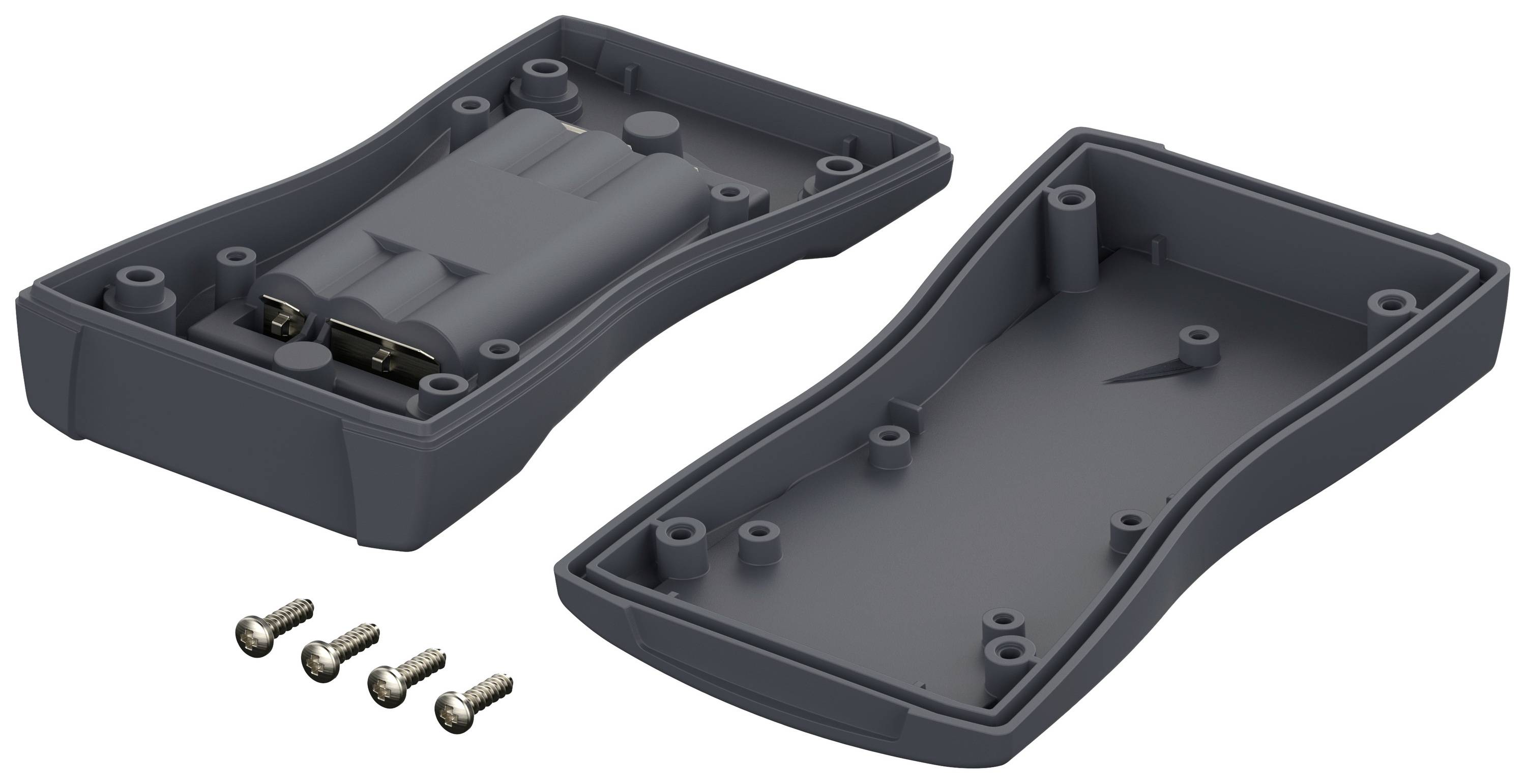 Boîtier d'un dispositif électronique, ouvert en deux parties, avec trois vis desserrées à côté.