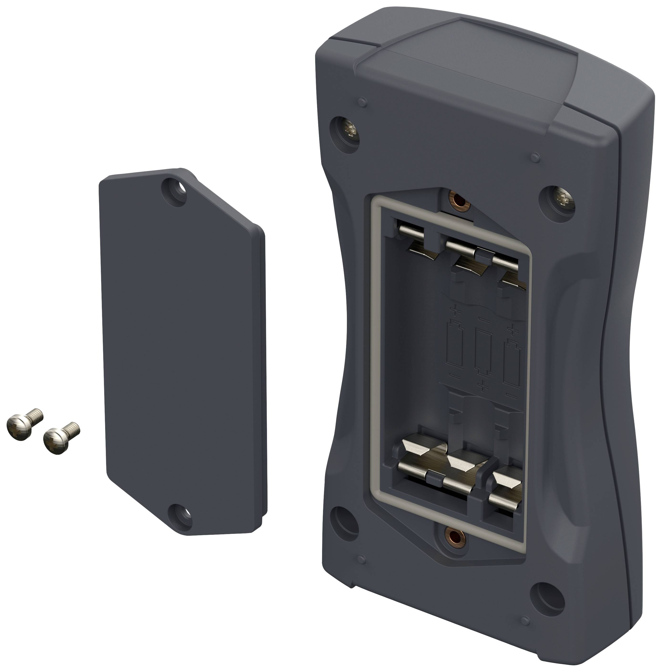 Boîtier en plastique gris avec couvercle amovible et deux vis ; l'intérieur du boîtier présente des contacts métalliques.