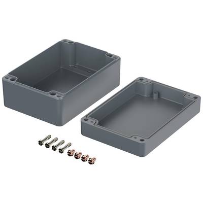 Un boîtier rectangulaire gris en plastique, composé de deux parties, avec des vis et des écrous. Idéal pour les projets électroniques ou les câblages.
