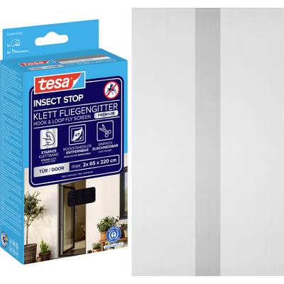 Kit de moustiquaire Tesa Insect Stop avec adhésif agrippant dans une boîte bleue, présenté à côté d'un panneau de maille blanche.