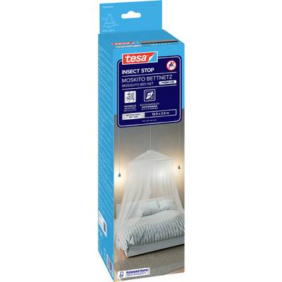 Paquet de filet anti-insectes tesa Insect Stop pour lit, une boîte bleue montrant un dais blanc suspendu au-dessus d'un lit pour indiquer la protection contre les insectes.
