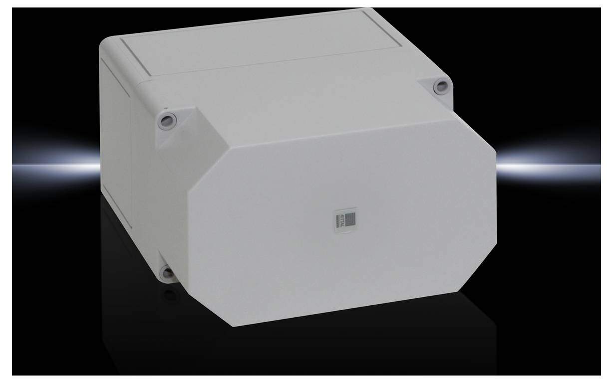 Un boîtier rectangulaire blanc aux coins arrondis sur un fond noir. Il a l'air technique, probablement un composant.