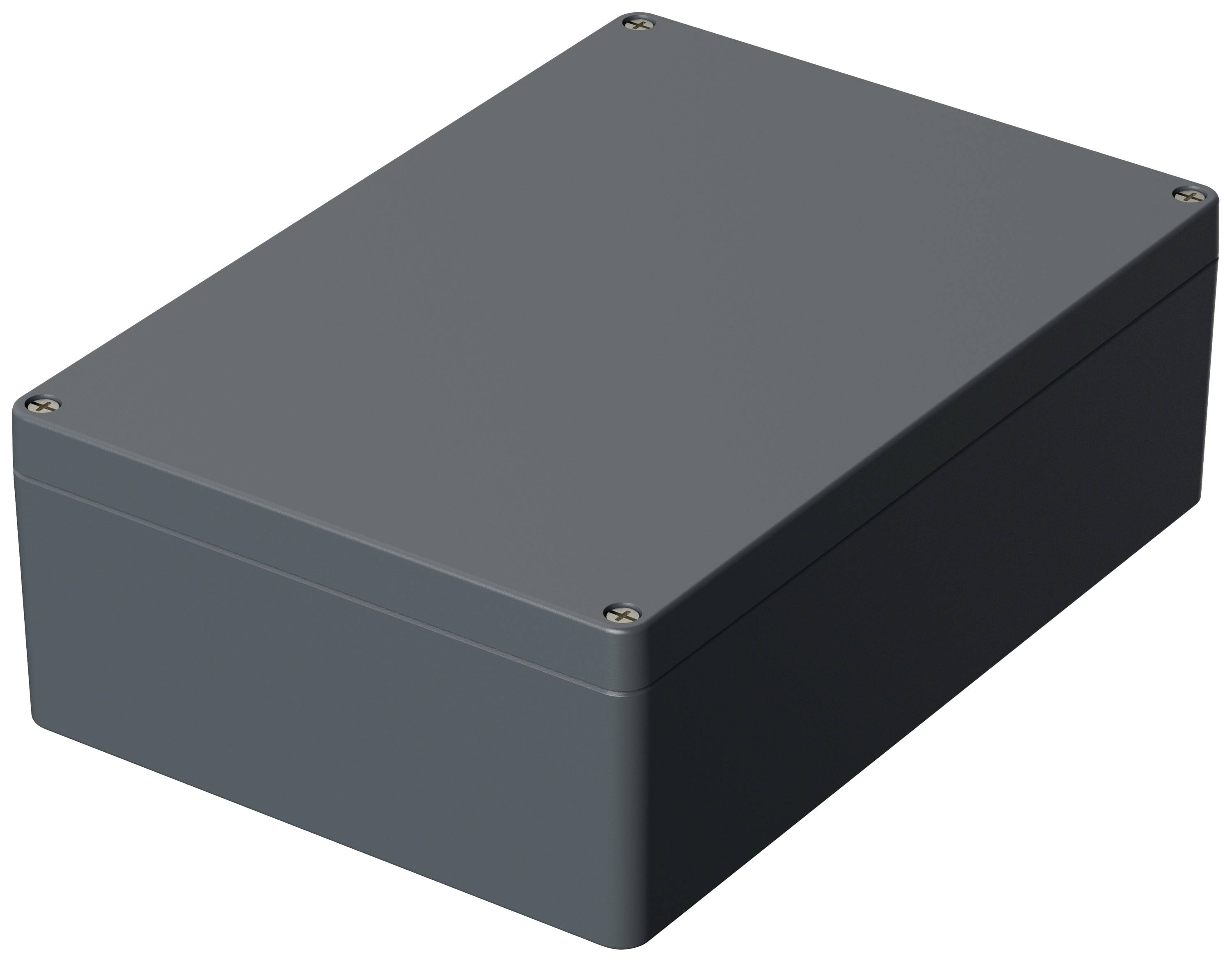 Boîtier rectangulaire gris avec des vis aux coins, typiquement utilisé pour les composants électroniques.