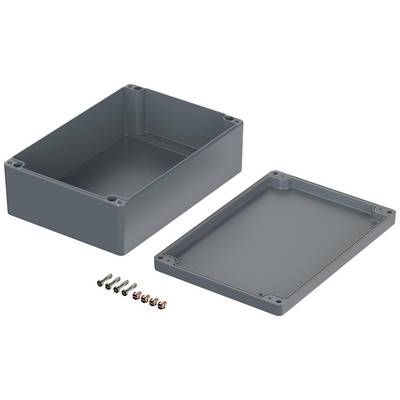 Boîtier rectangulaire gris avec couvercle amovible et vis. Adapté pour la protection des composants électroniques.
