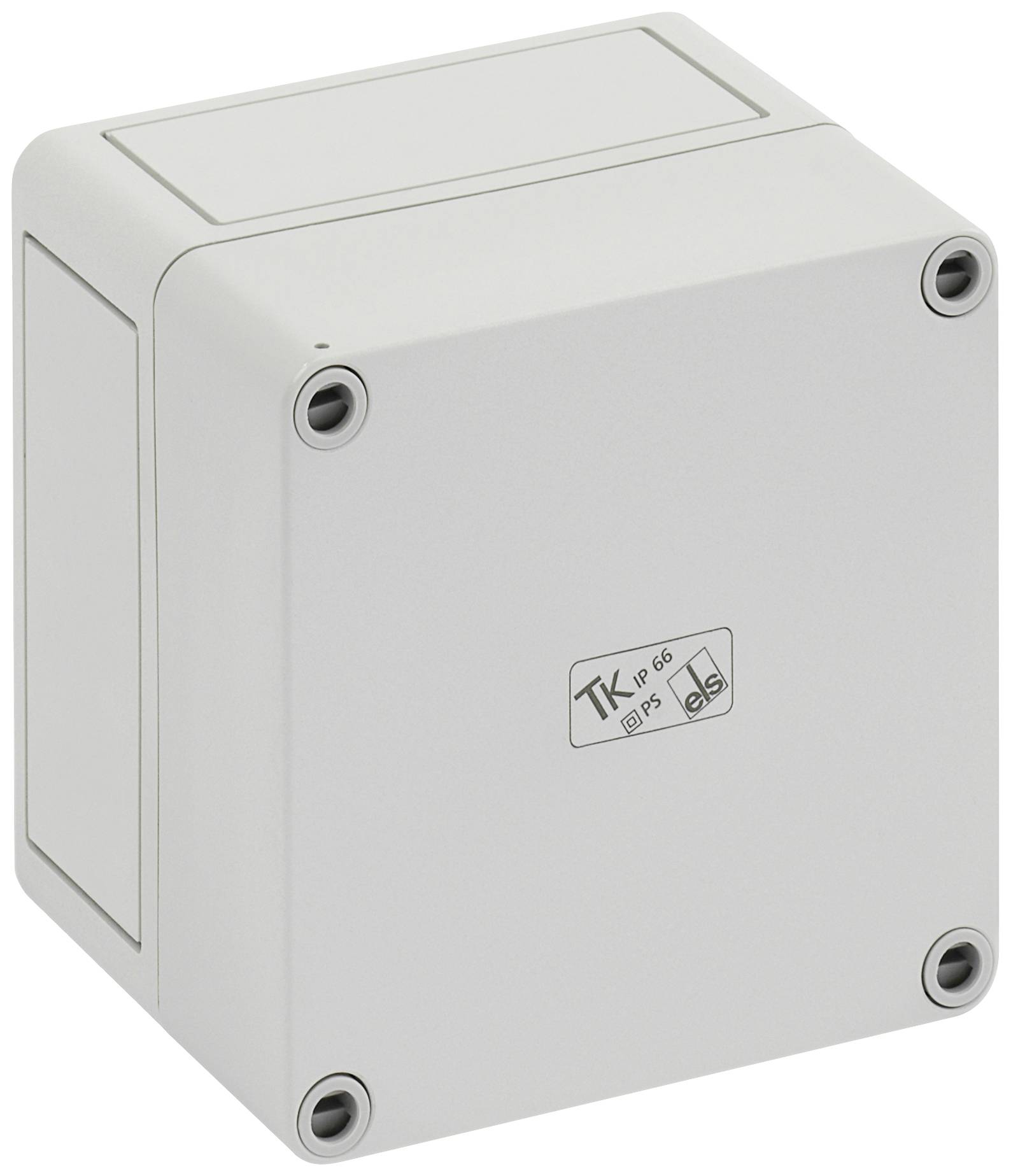 Une boîte de connexion électrique grise, carrée, portant l'inscription 'TK' et répondant à la spécification IP66, adaptée aux applications extérieures.