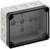 Boîtier rectangulaire en plastique gris avec couvercle transparent et plusieurs trous prédécoupés pour le passage des câbles.
