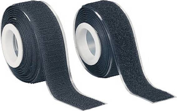 Deux rouleaux de ruban auto-agrippant noir avec un noyau intérieur blanc. L'un montre le côté crochets, l'autre le côté velours.