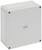 Boîte de raccordement carrée grise en plastique, avec fermetures à vis aux angles.