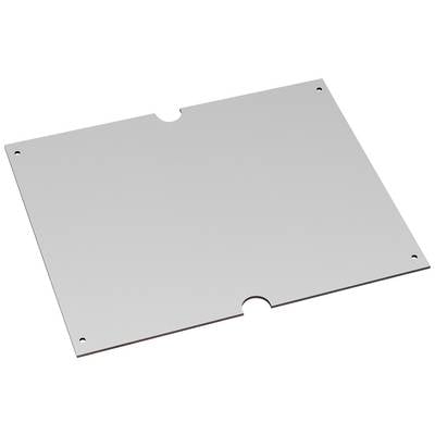Une plaque métallique rectangulaire avec quatre trous aux coins et deux encoches sur les côtés opposés, sur une surface blanche.