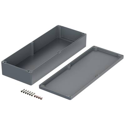 Boîtier rectangulaire gris en plastique en deux parties, accompagné d'un jeu de vis. Adapté pour les projets électroniques.