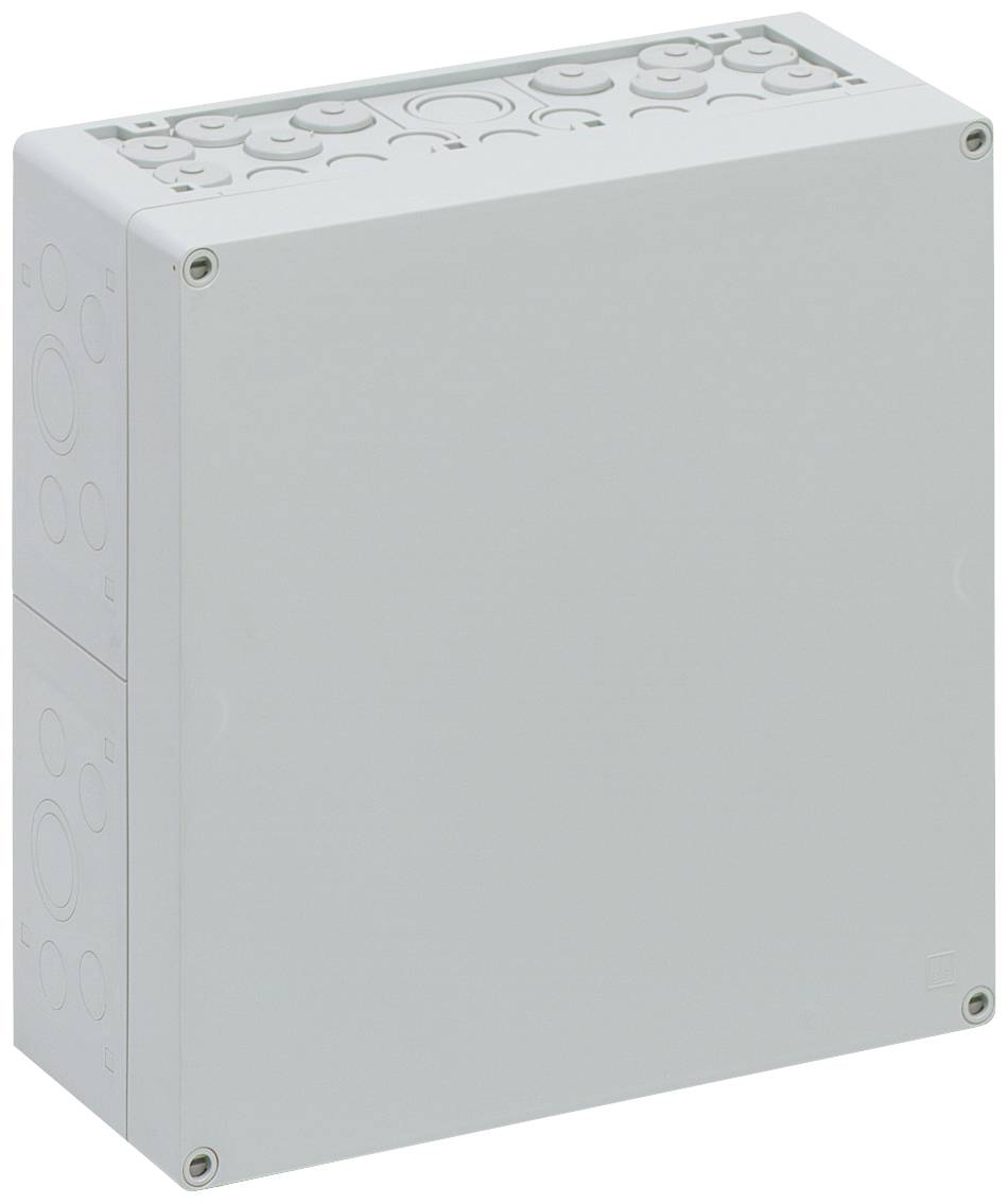 Boîtier électrique gris avec couvercle amovible et entrées et sorties préformées sur les côtés.