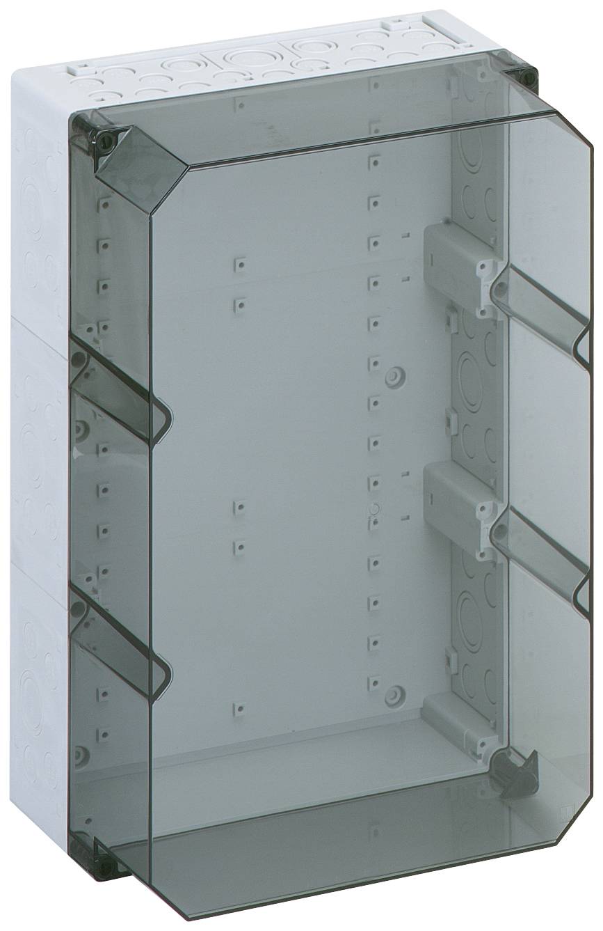 Boîtier en plastique transparent de forme rectangulaire, adapté pour contenir des composants électriques ou des câblages.