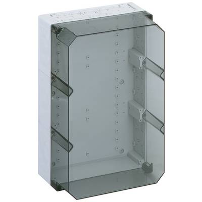 Boîtier en plastique transparent de forme rectangulaire, adapté pour contenir des composants électriques ou des câblages.