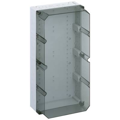 Un boîtier rectangulaire en plastique transparent avec une teinte sombre, utilisé pour protéger des composants électriques.