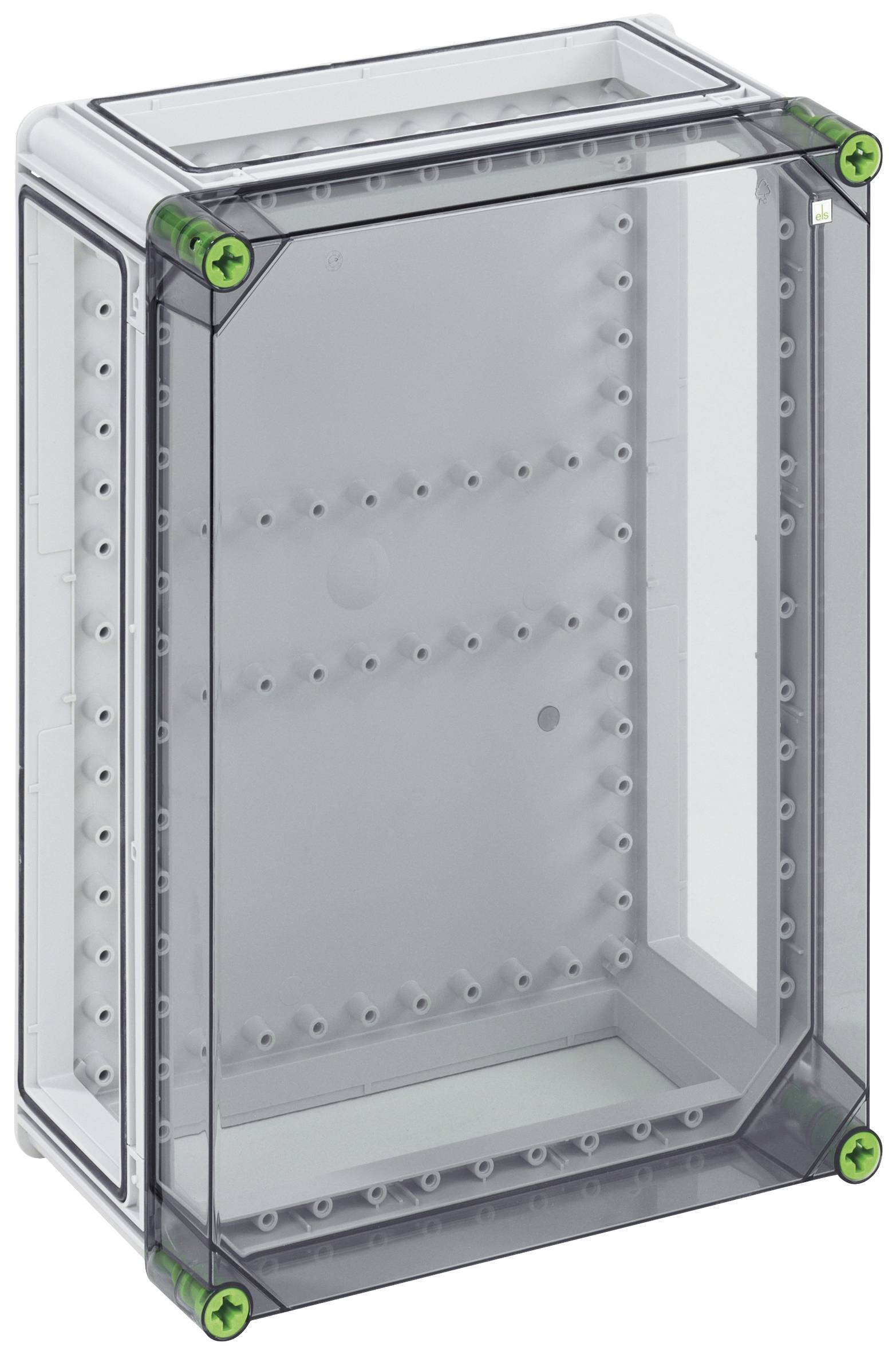 Boîtiers en plastique transparent de forme rectangulaire avec des coins verts, adaptés pour protéger des composants électriques.