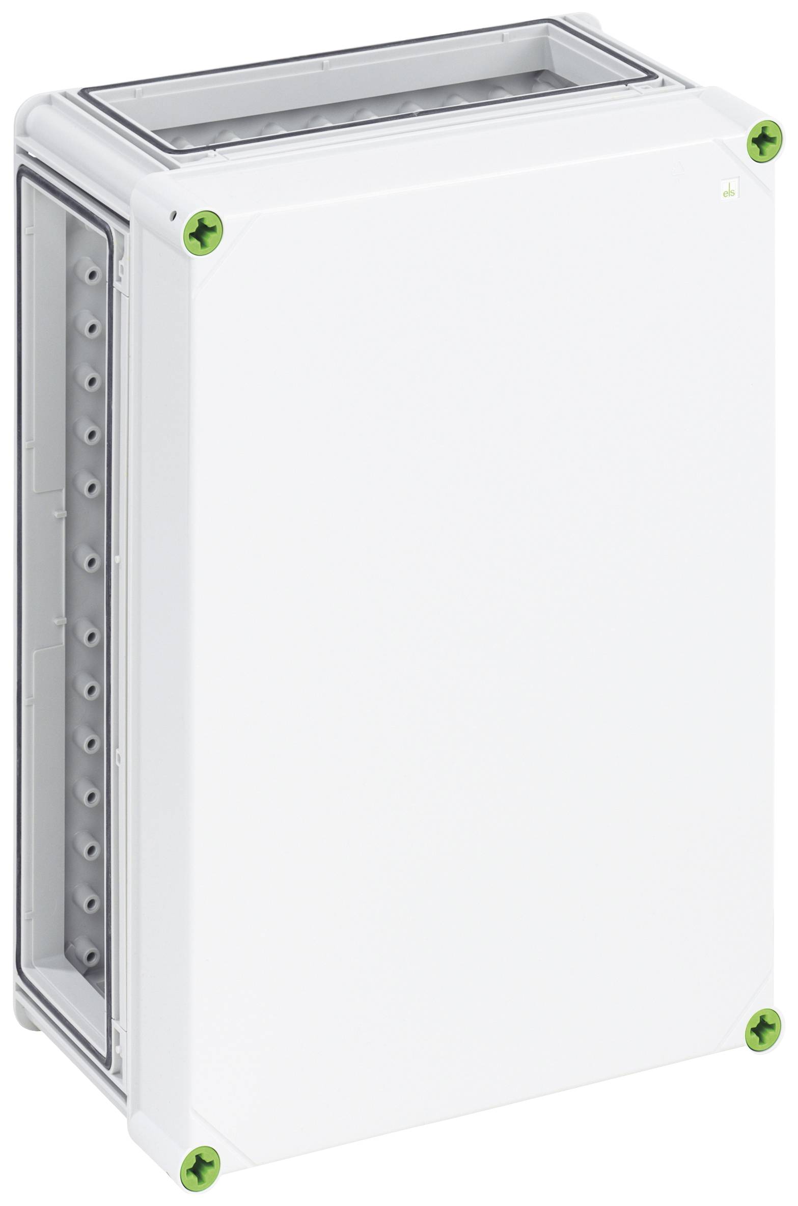 Prise électrique blanche avec des vis de fixation marquées en vert aux angles.