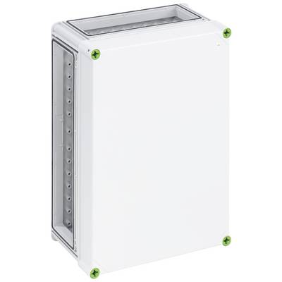 Prise électrique blanche avec des vis de fixation marquées en vert aux angles.