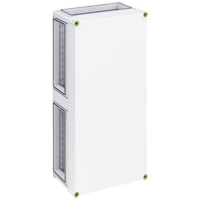 Un boîtier rectangulaire blanc avec des côtés transparents, fixé par des vis vertes aux angles.