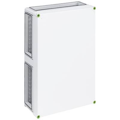 Un boîtier électrique rectangulaire blanc avec deux rails transparents sur le côté gauche.