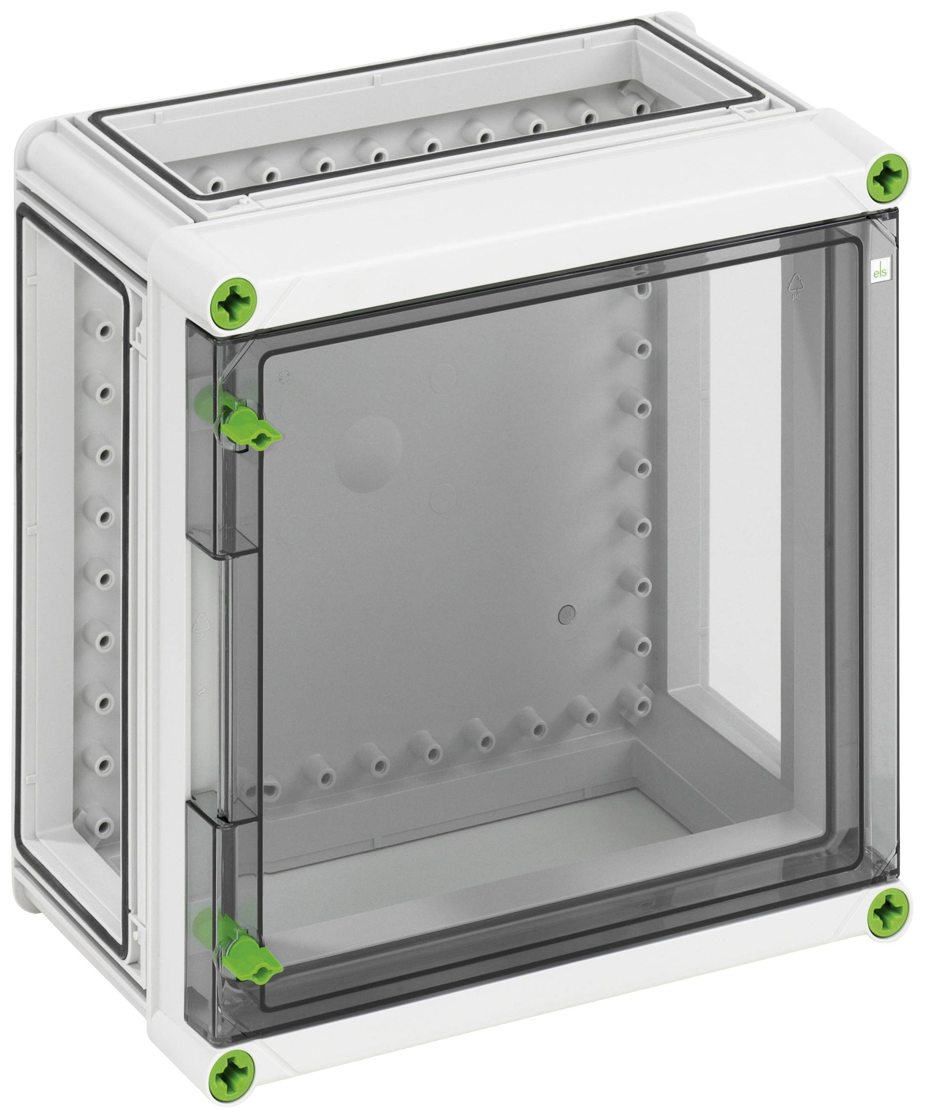 Boîtier rectangulaire gris avec portes transparentes et vis vertes aux angles, adapté aux installations techniques.