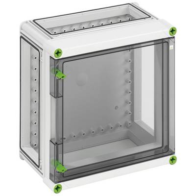 Boîtier rectangulaire gris avec portes transparentes et vis vertes aux angles, adapté aux installations techniques.