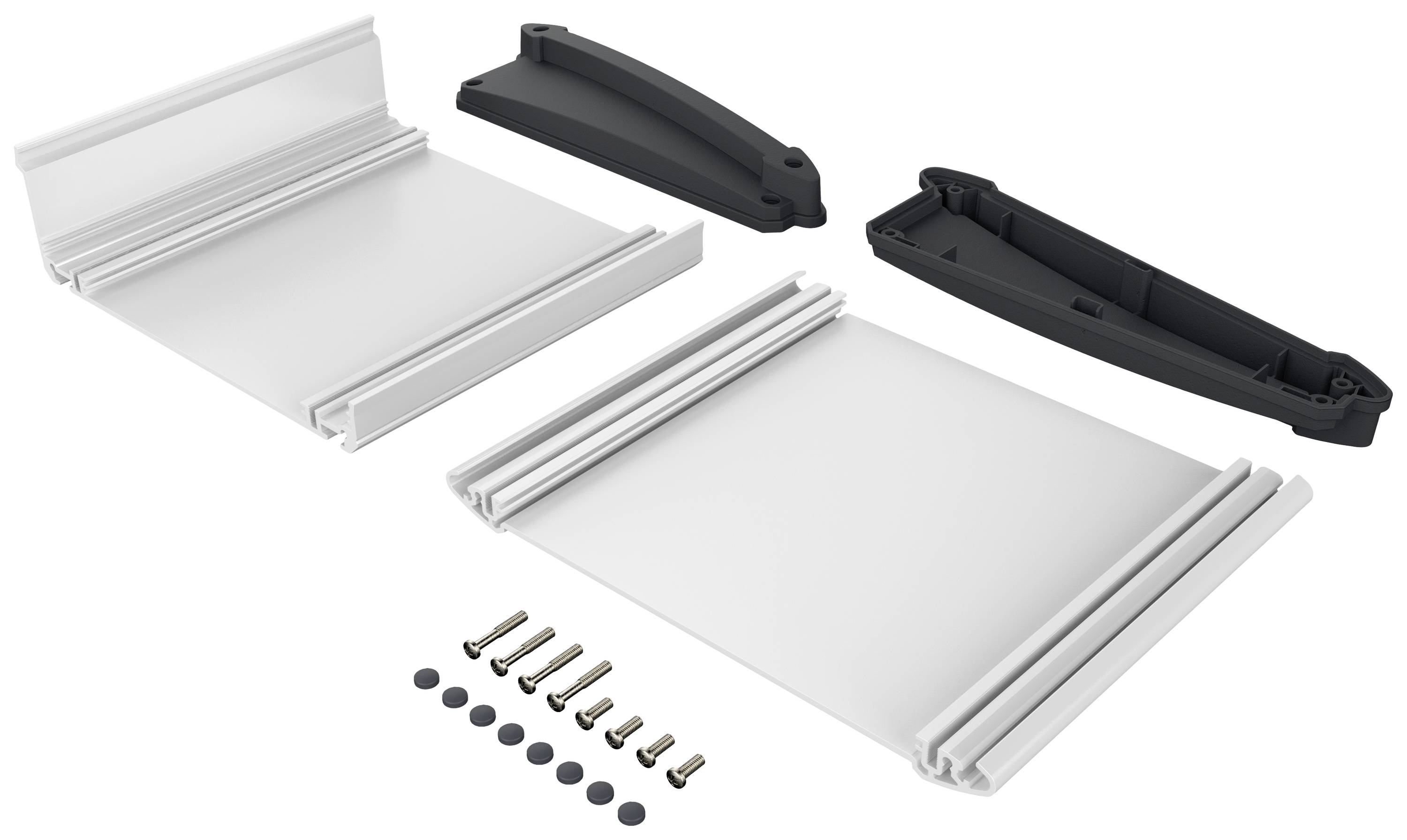 Deux planches en plastique blanc avec des embouts noirs et des éléments de fixation. Les pièces sont étalées et prêtes à être assemblées.