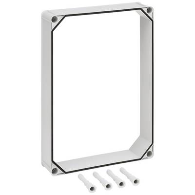 Un cadre rectangulaire en plastique avec quatre chevilles murales jointes, probablement destiné à la fixation d'un appareil électronique.