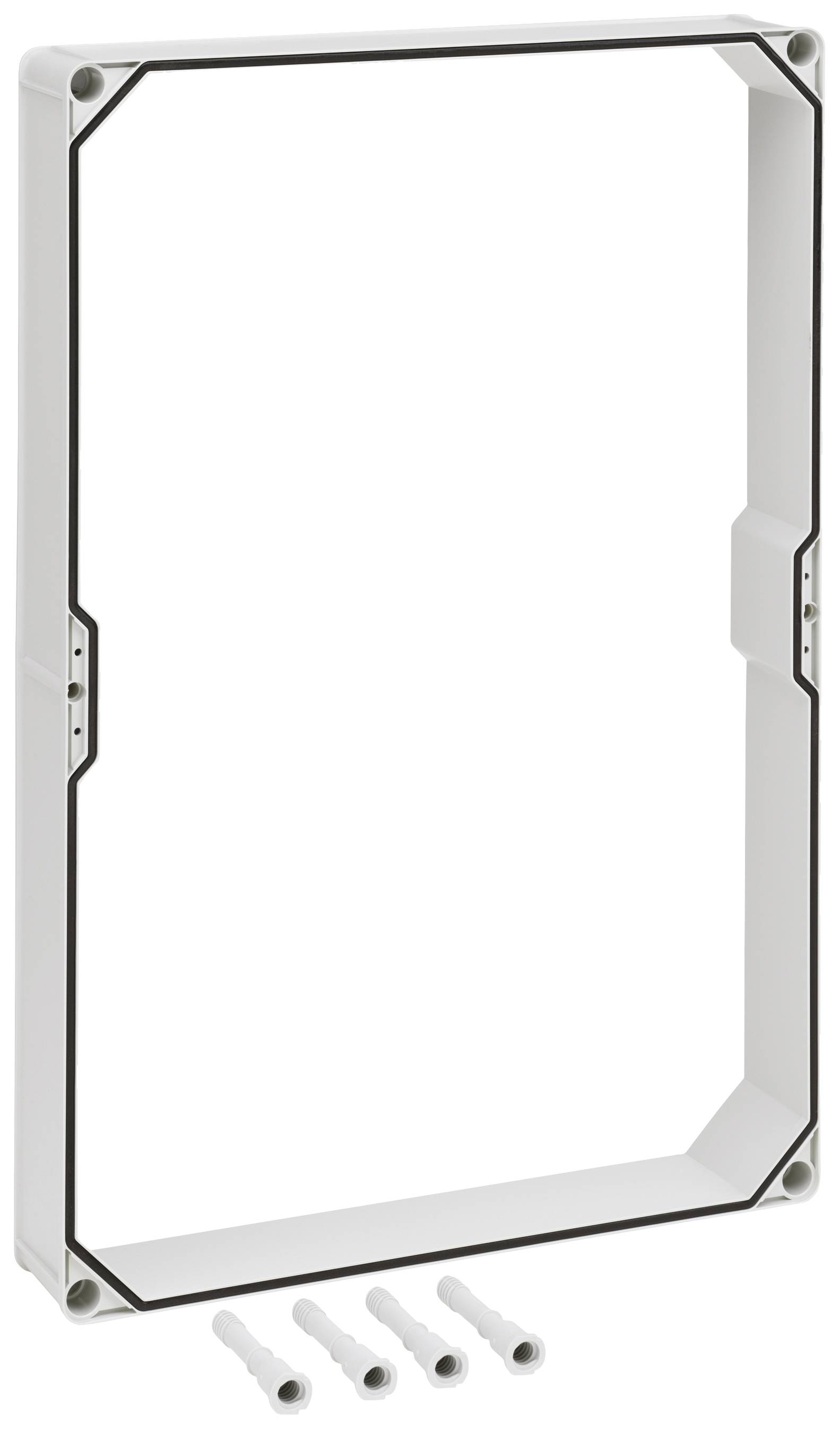 Un cadre rectangulaire en plastique avec un joint noir et quatre chevilles de fixation blanches ; probablement partie intégrante d'un système de boîtier.
