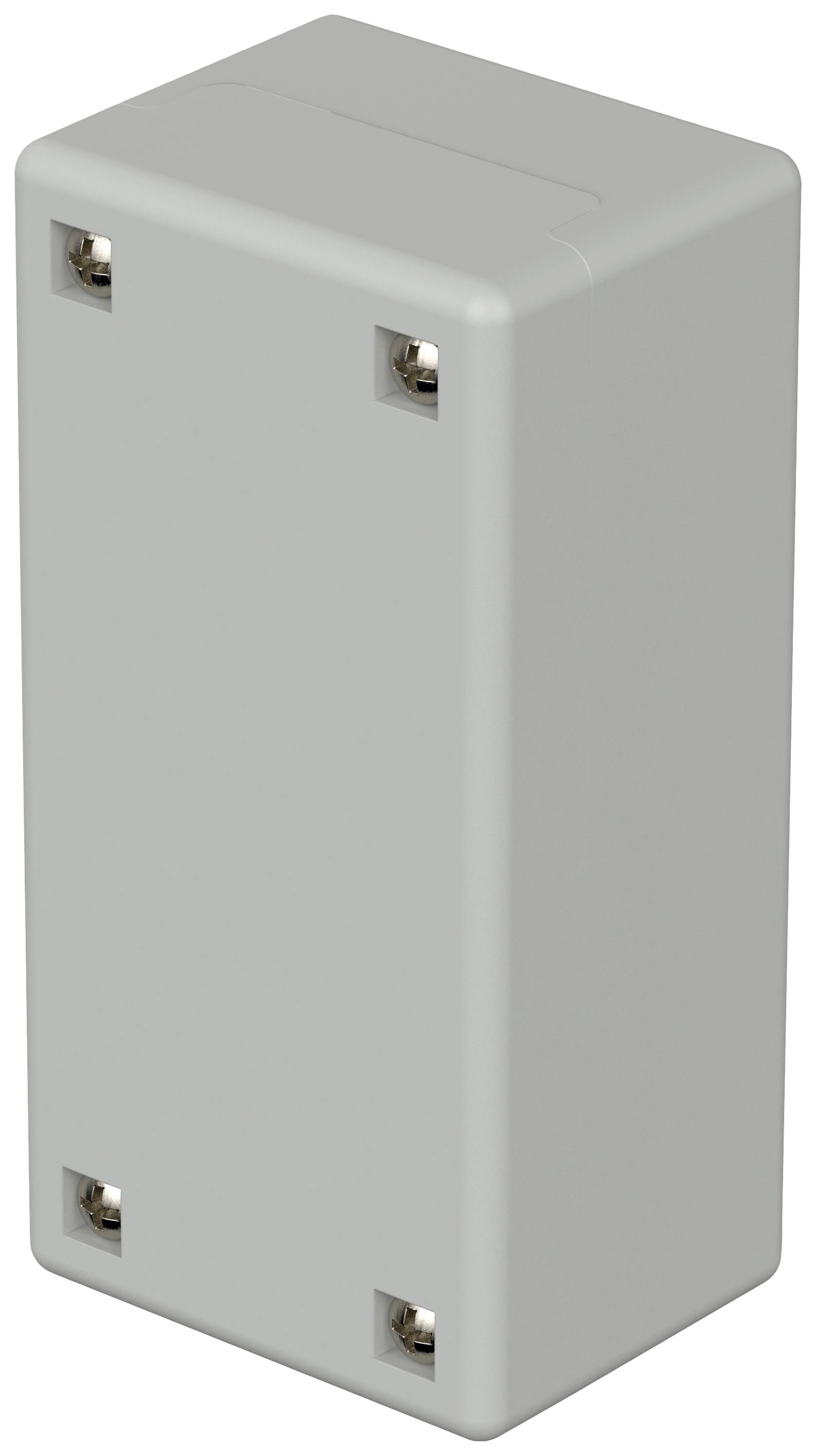 Boîtier en plastique gris, rectangulaire, aux angles arrondis, avec quatre vis visibles aux coins.