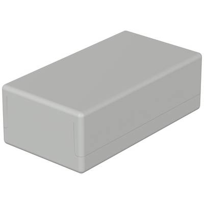 Boîte grise rectangulaire aux coins arrondis, posée sur une surface blanche.