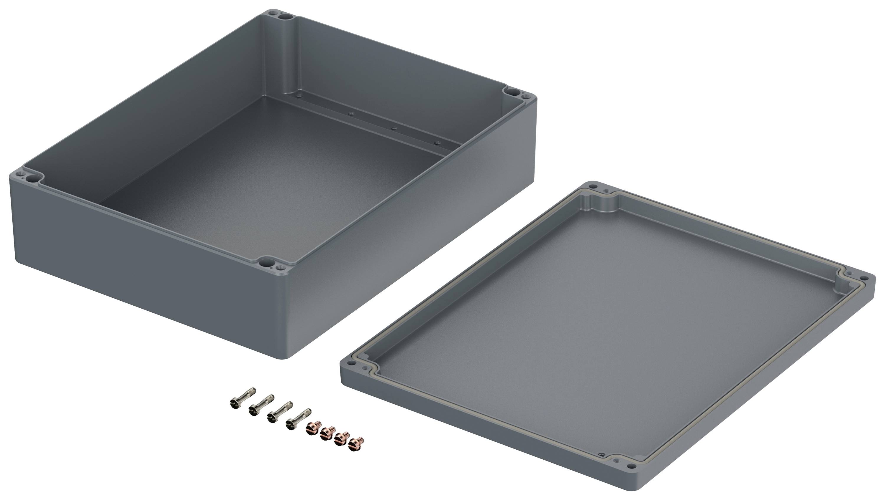 Boîtier rectangulaire en plastique gris-bleu avec couvercle amovible et vis de fixation, sur fond blanc.