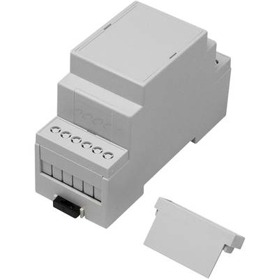 Un appareil électronique gris avec plusieurs bornes de connexion et un couvercle amovible. Il est adapté pour un montage sur rail DIN.