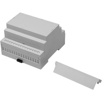 Un boîtier de distribution électrique gris avec un couvercle amovible, adapté à l'installation dans un armoire électrique.