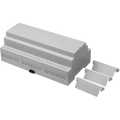 Boîtier de distribution électrique avec couvercles amovibles, adapté pour un montage sur rail DIN.