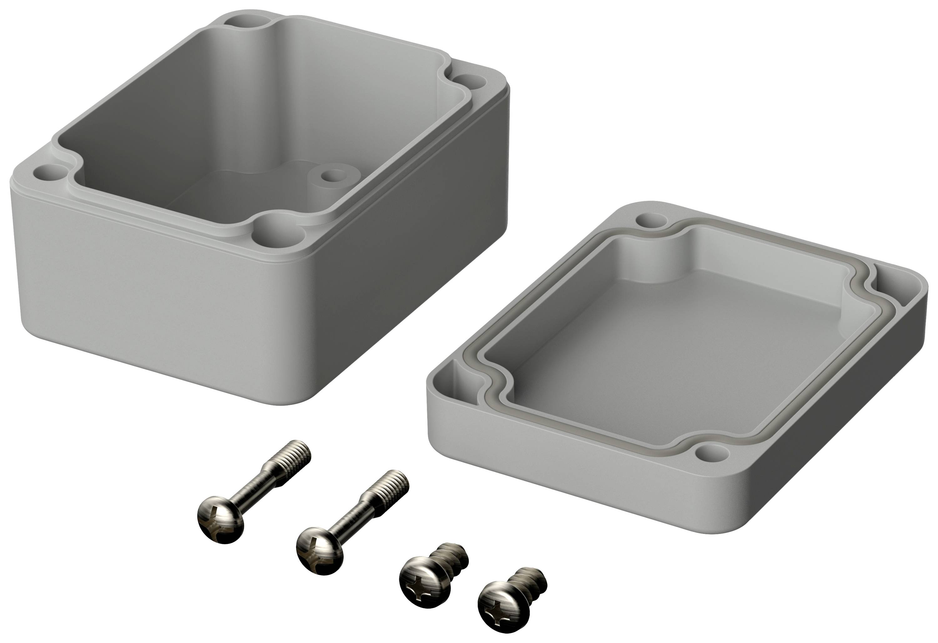 Un boîtier gris rectangulaire avec un couvercle amovible, à côté duquel reposent trois vis argentées. Adapté pour des projets électroniques ou de câblage.
