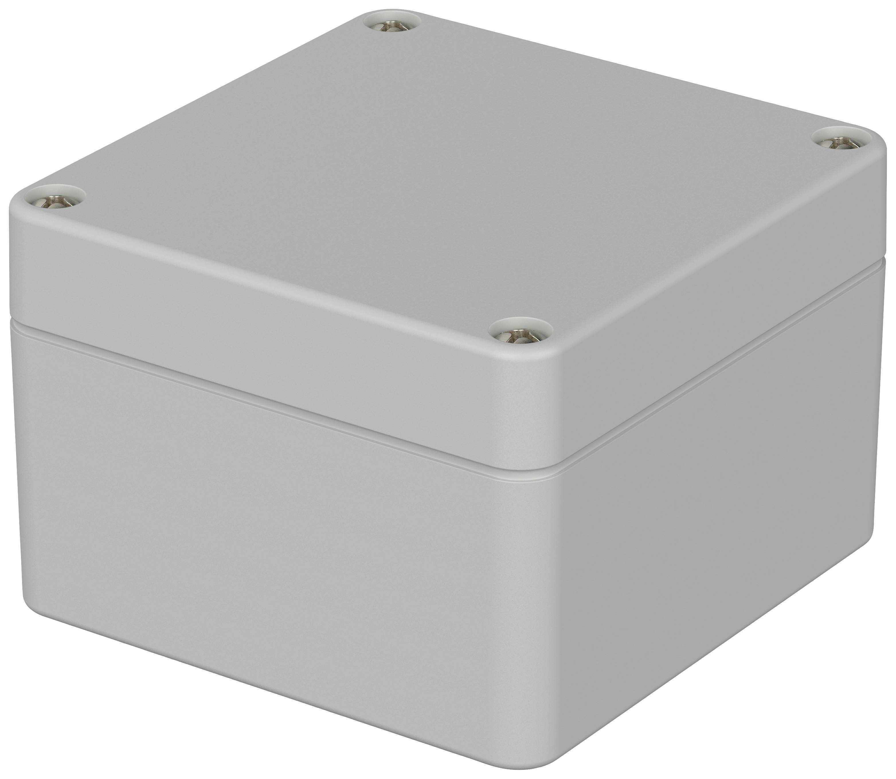 Boîtier rectangulaire gris avec des vis aux angles, adapté pour protéger des composants électroniques en intérieur ou en extérieur.