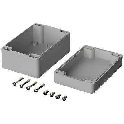 Boîtier en plastique gris, en deux parties, ouvert. Six vis correspondantes placées devant le boîtier.
