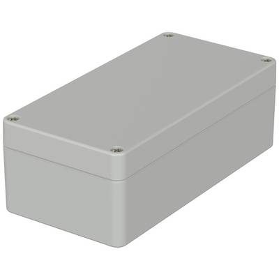 Un boîtier rectangulaire gris avec des vis aux coins. Adapté pour protéger des composants électroniques.