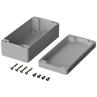 Boîtier rectangulaire gris en plastique, ouvert. À gauche la moitié inférieure, à droite le couvercle. Six vis situées à l'avant.