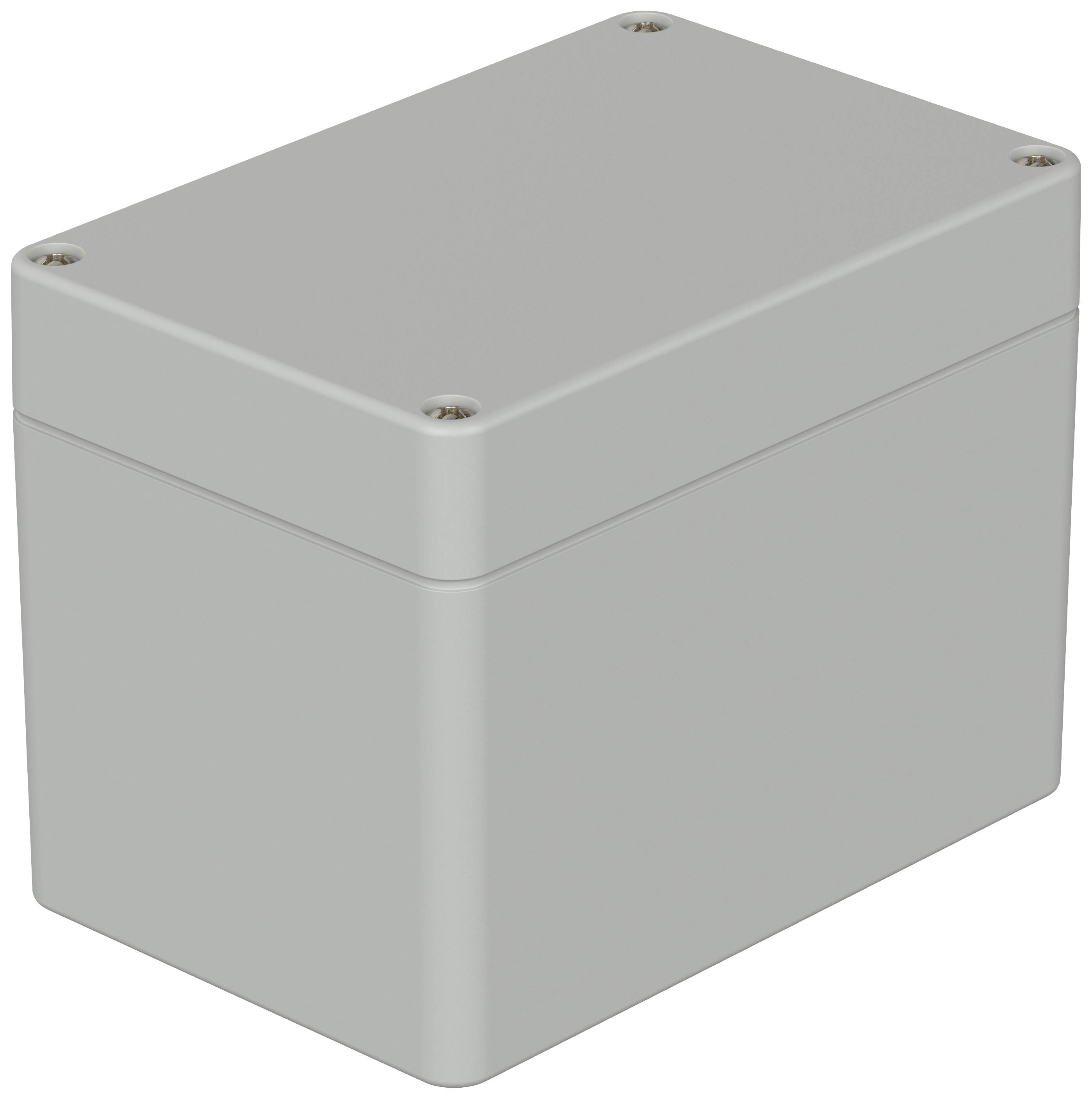 Boîtier gris rectangulaire avec quatre vis visibles aux angles, probablement destiné à l'électronique ou à l'électricité.