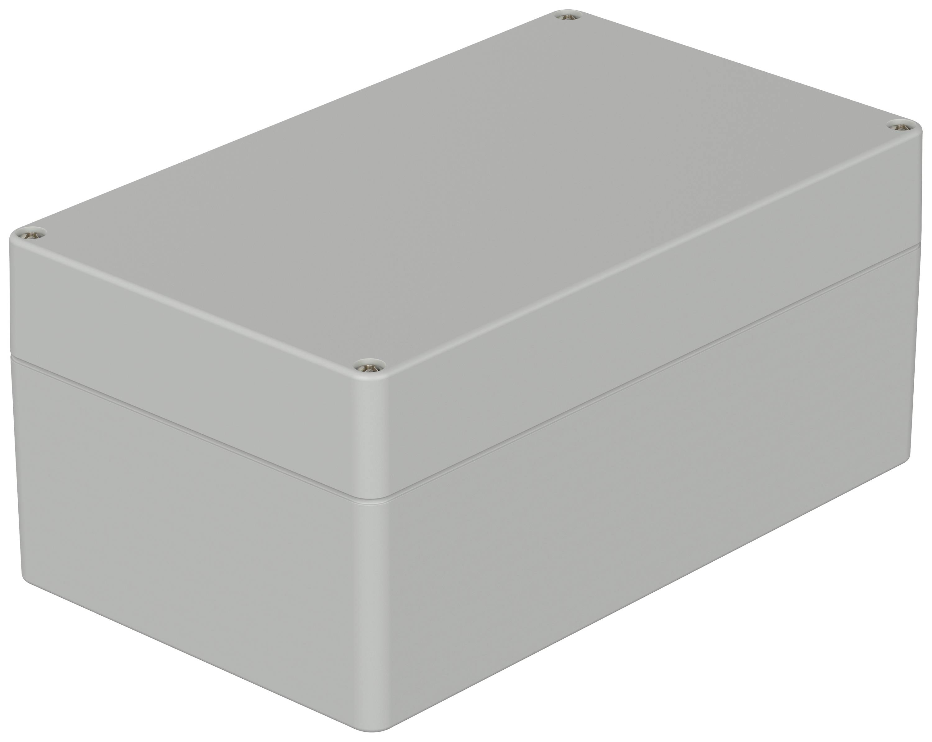 Boîtier rectangulaire gris avec des vis aux coins, typique des applications électroniques ou de câblage.