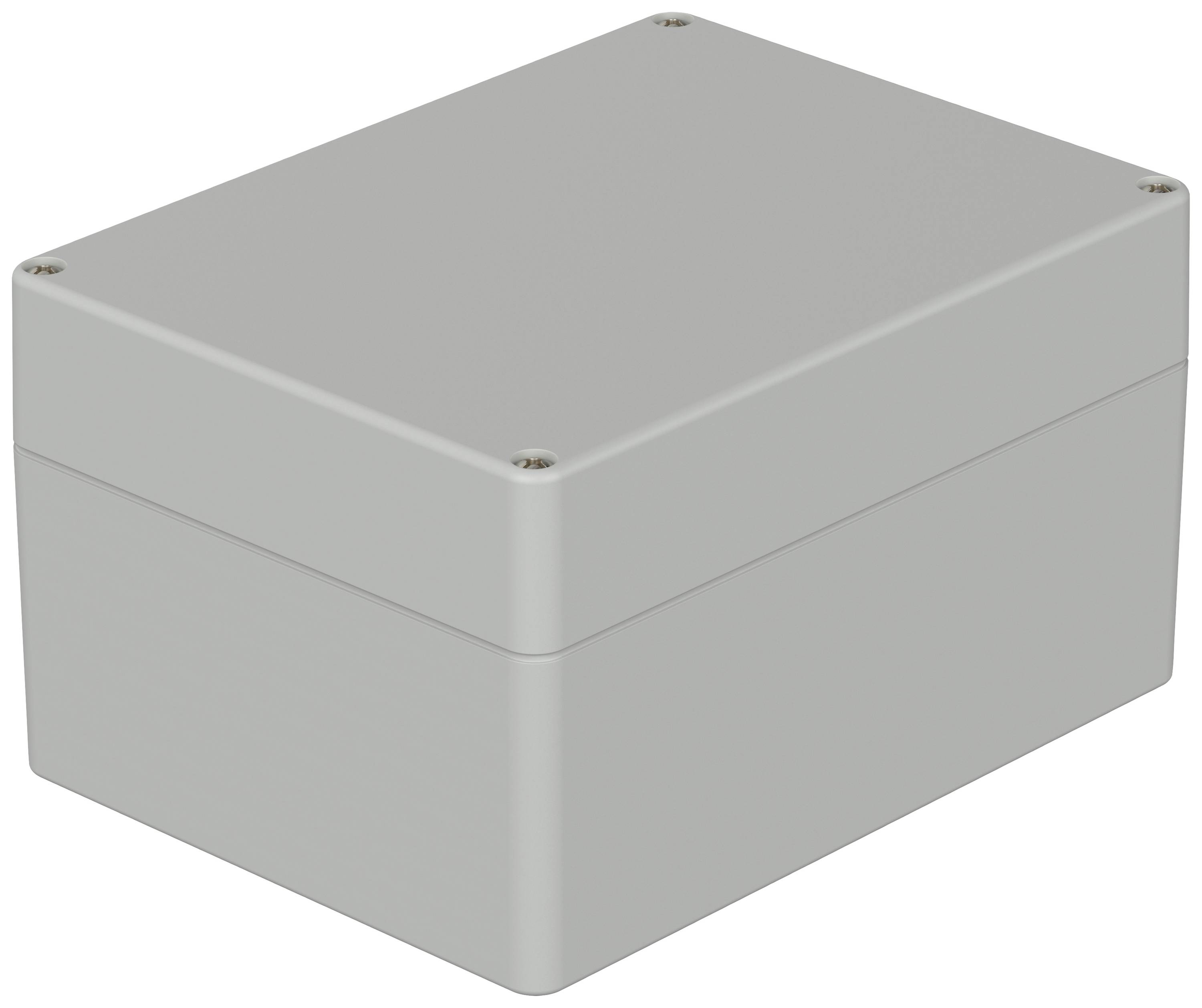 Boîtier rectangulaire gris aux coins arrondis, muni de quatre vis situées aux angles du dessus.