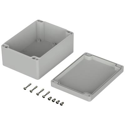 Boîtier rectangulaire gris, en deux parties avec un couvercle assorti, huit vis, destiné à l'installation de composants électroniques.