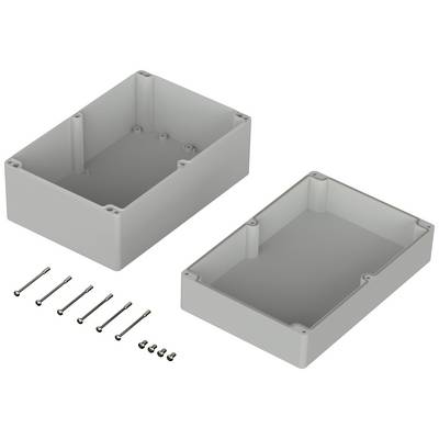Pièces de boîtier en plastique, représentées en éclaté. À gauche la partie supérieure du boîtier, à droite la partie inférieure, en dessous les vis de fixation.
